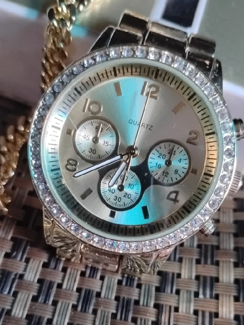 Gold Tone Crystal-Accent Quartz Watch and Chain